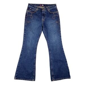 Bongo Womens Low‎ Rider Flare Jeans Embellished Studded Blue Denim Jr Size 9 Y2K